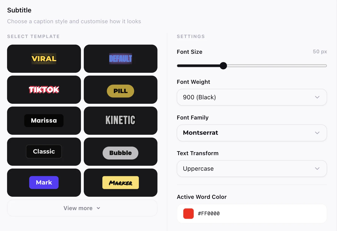 VClip animated captions interface